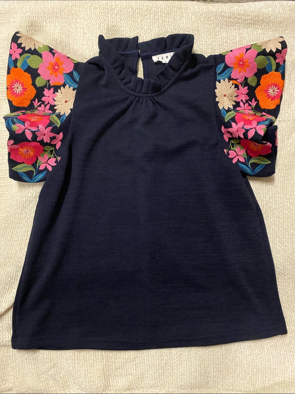 THML Brand Navy Floral Embroidered Flutter Sleeve Top - Picture 2 of 7